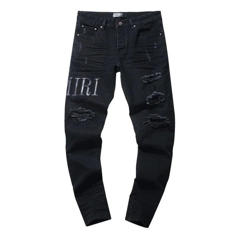 Ripped Black Denim Jeans for Men with Bold Logo Design