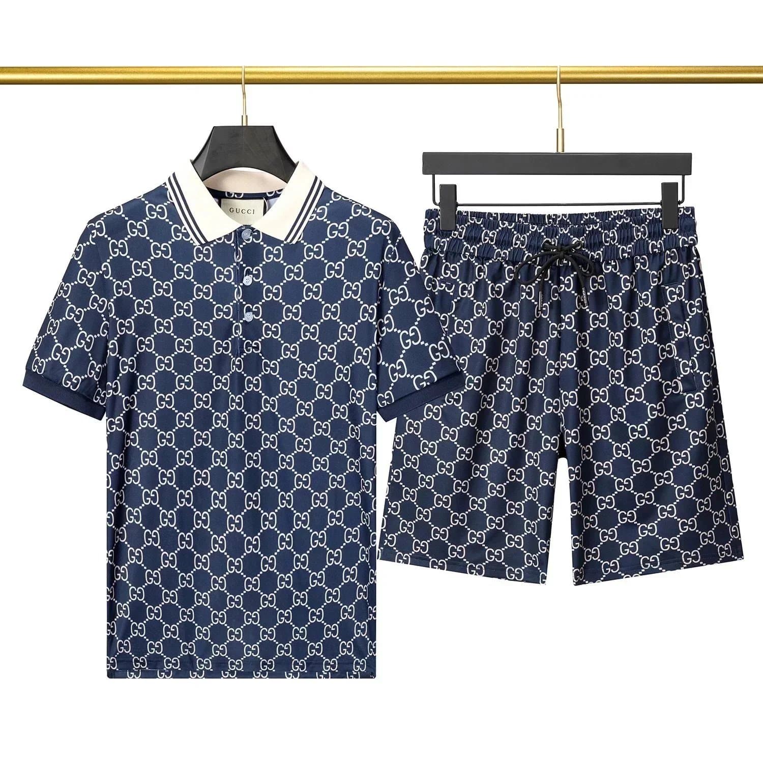 Gucci Men's Navy Blue GG Logo Polo Shirt and Shorts Set