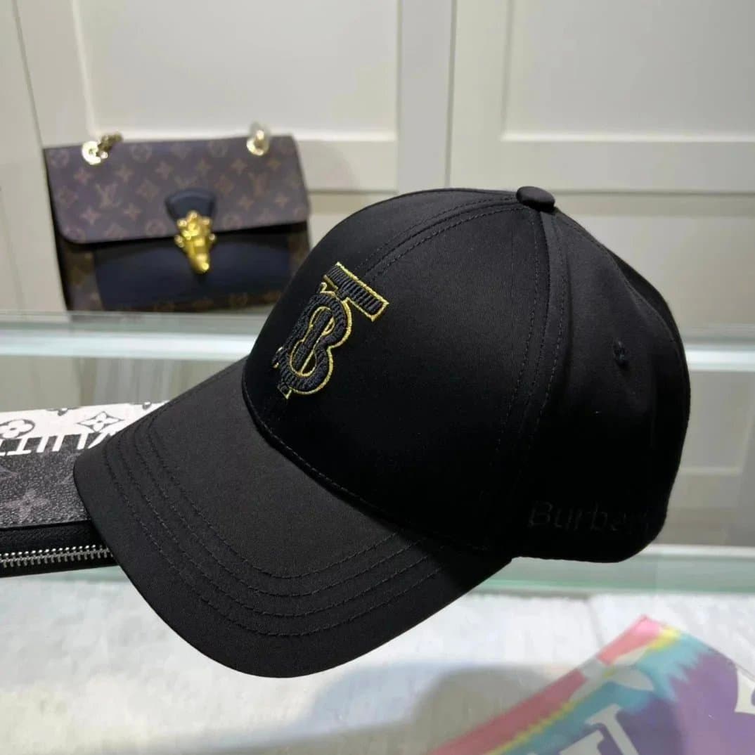 Burberry Black Baseball Cap with Gold Logo Embroidery