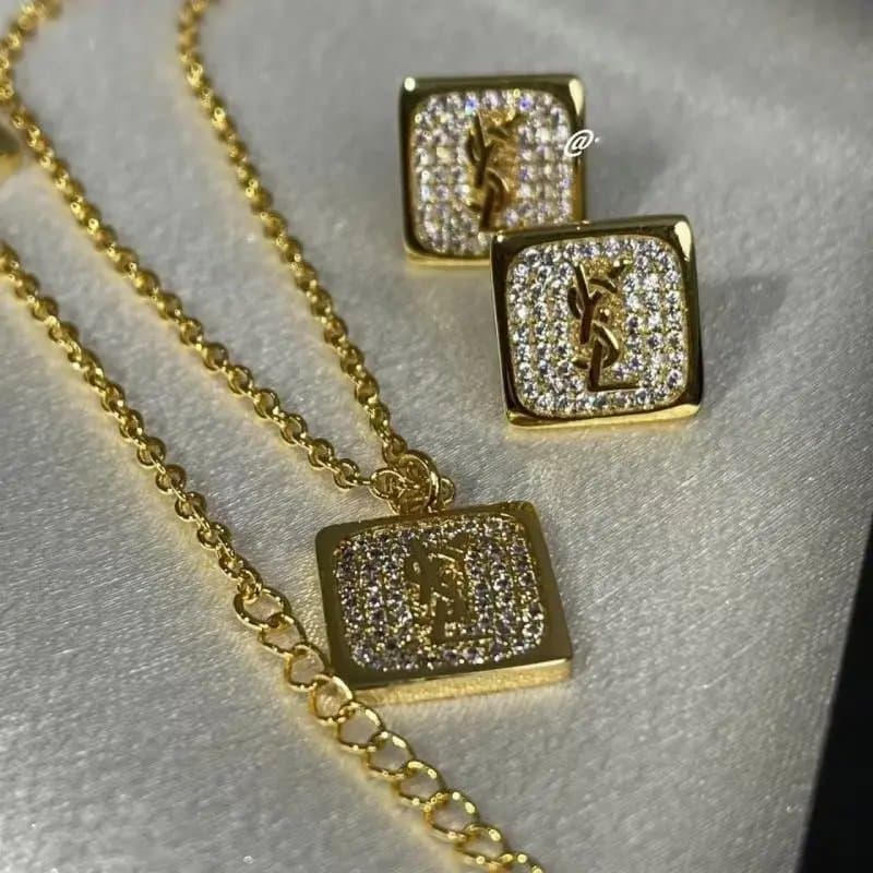 YSL Gold Square Pendant Necklace and Earrings Set with Crystal Logo