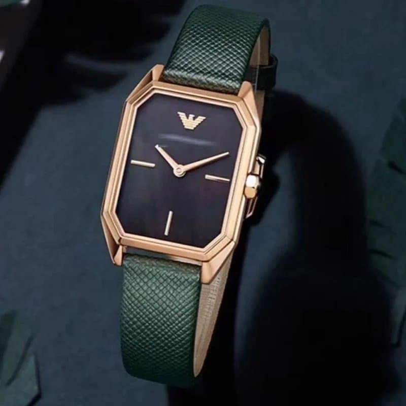 Emporio Armani Octagonal Gold Watch with Green Leather Strap