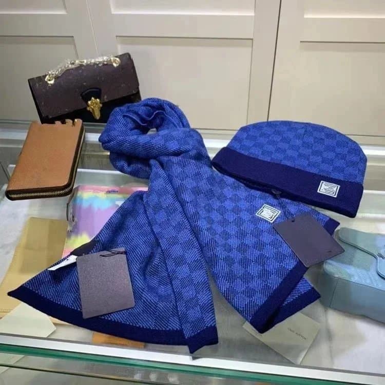 Dior Blue Checkered Knit Scarf and Beanie Set