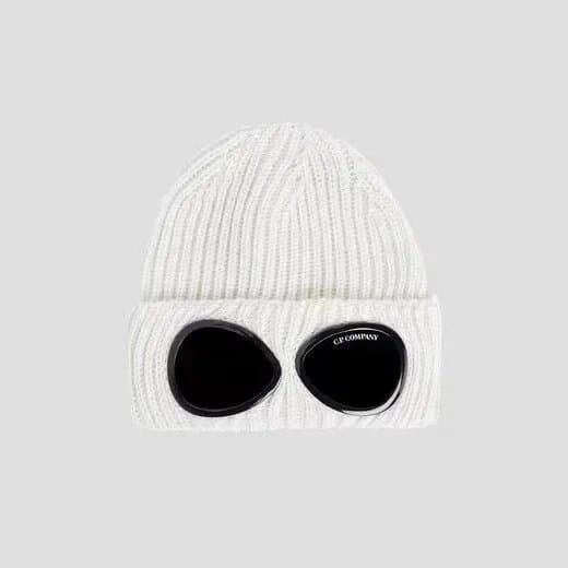C.P. COMPANY White Knit Beanie with Black Lens Detail