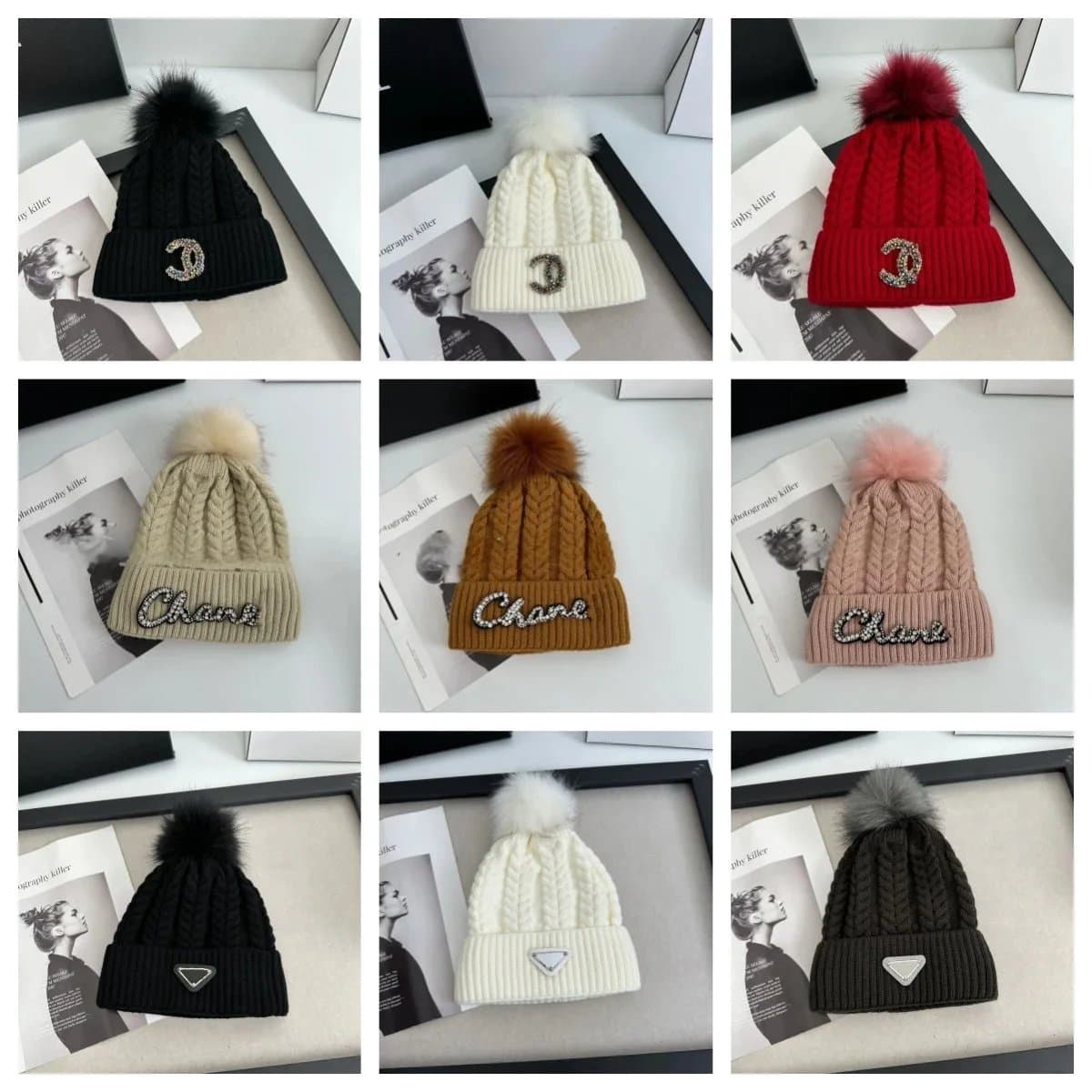 Chanel Logo Knit Beanie Hat with Pom Pom Winter Warm Headwear