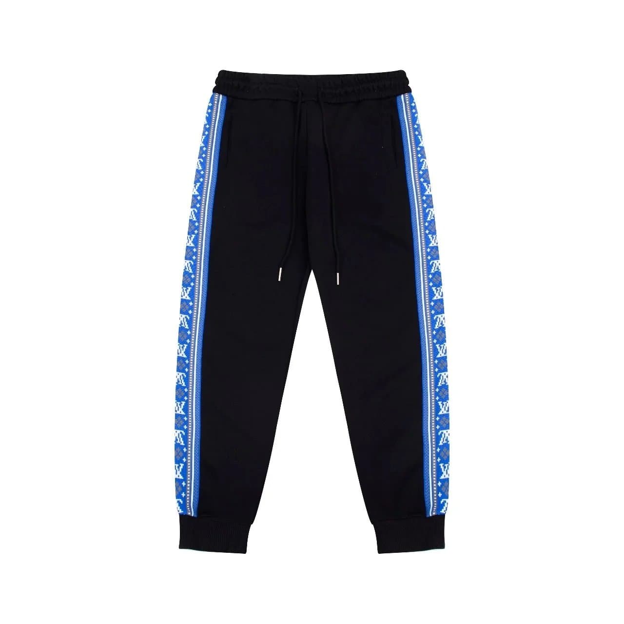 LV Monogram Track Pants Black Blue Side Stripe Sweatpants