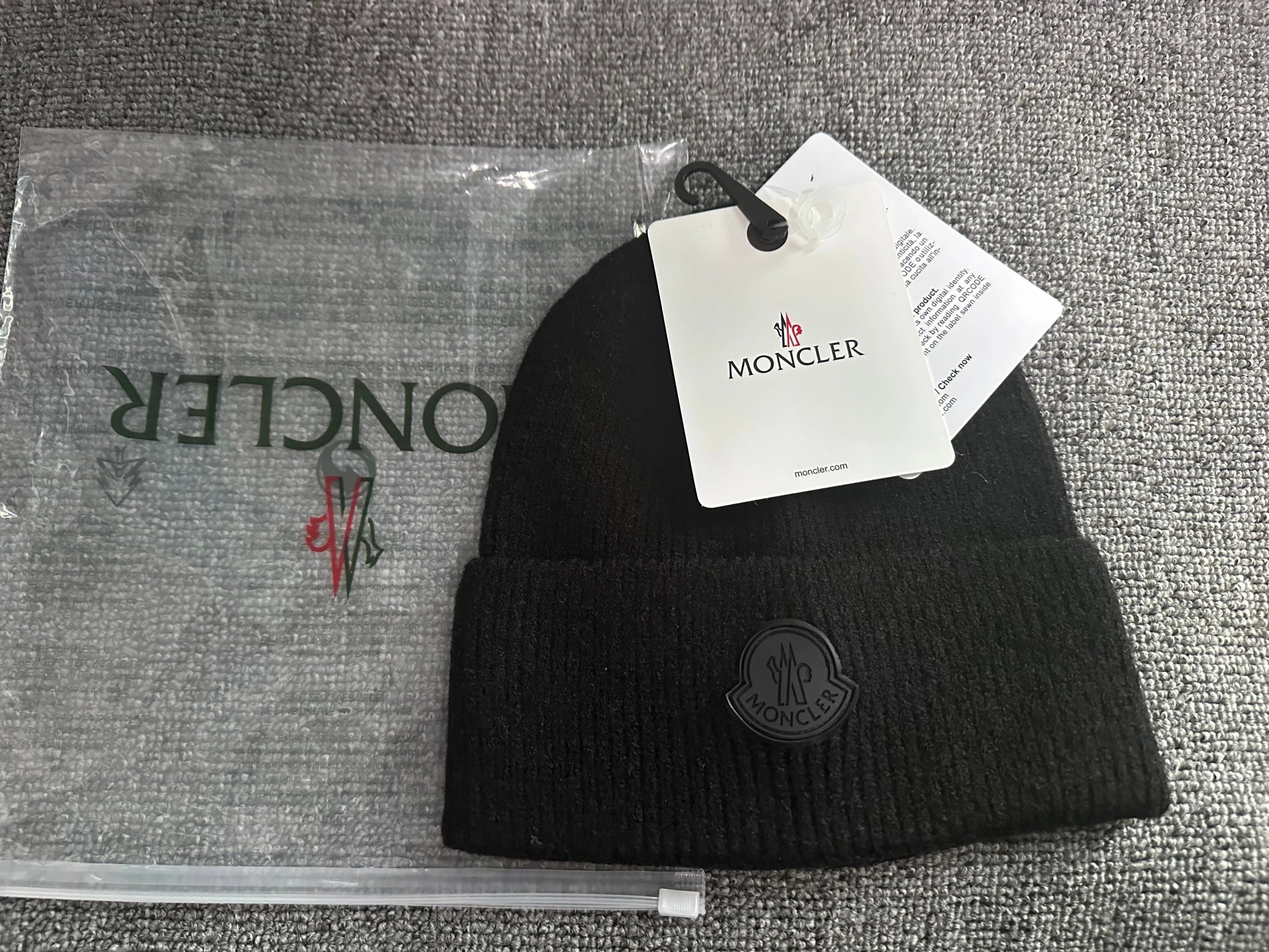 Moncler Black Knit Beanie Hat with Logo Patch
