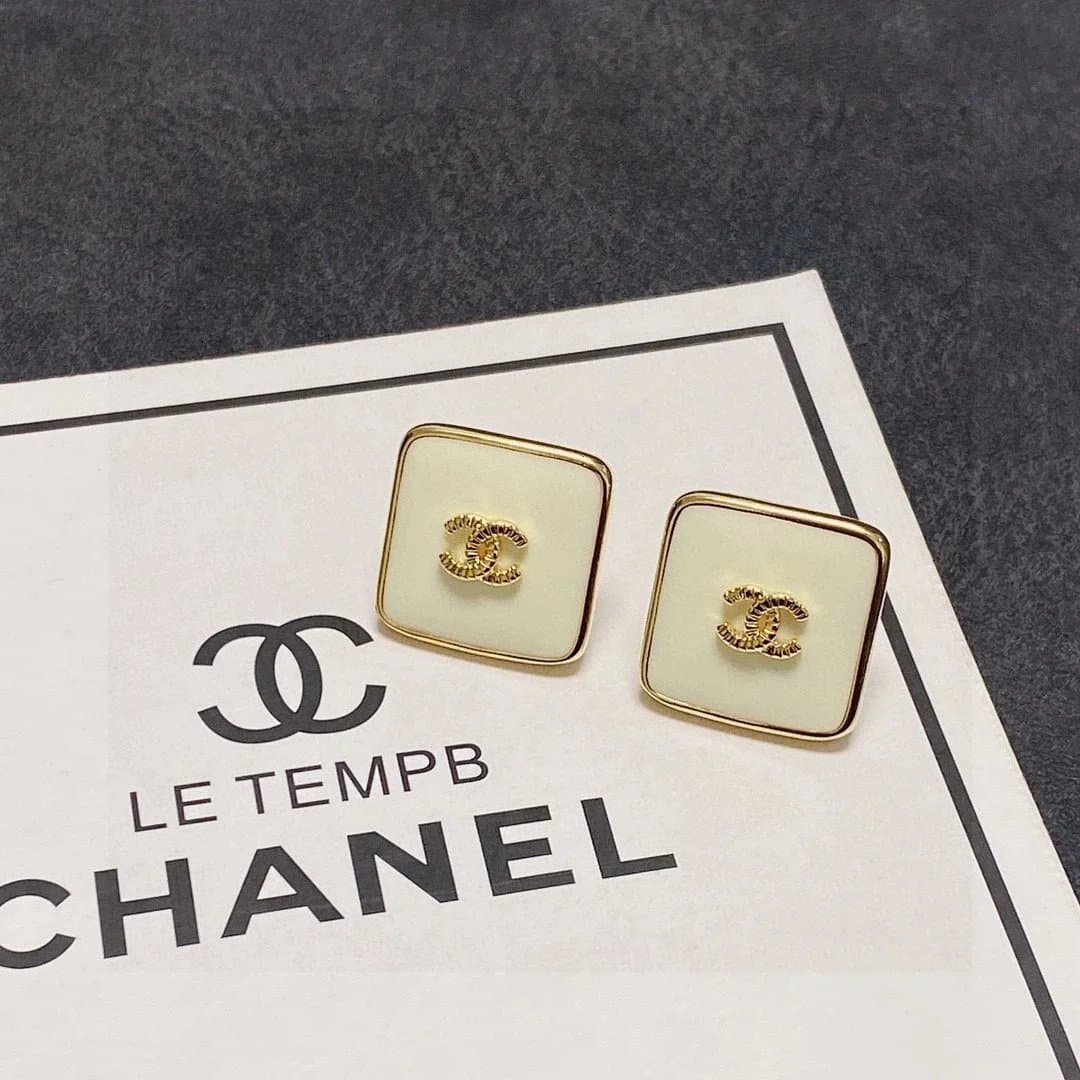 Chanel Square Logo Stud Earrings Gold Tone