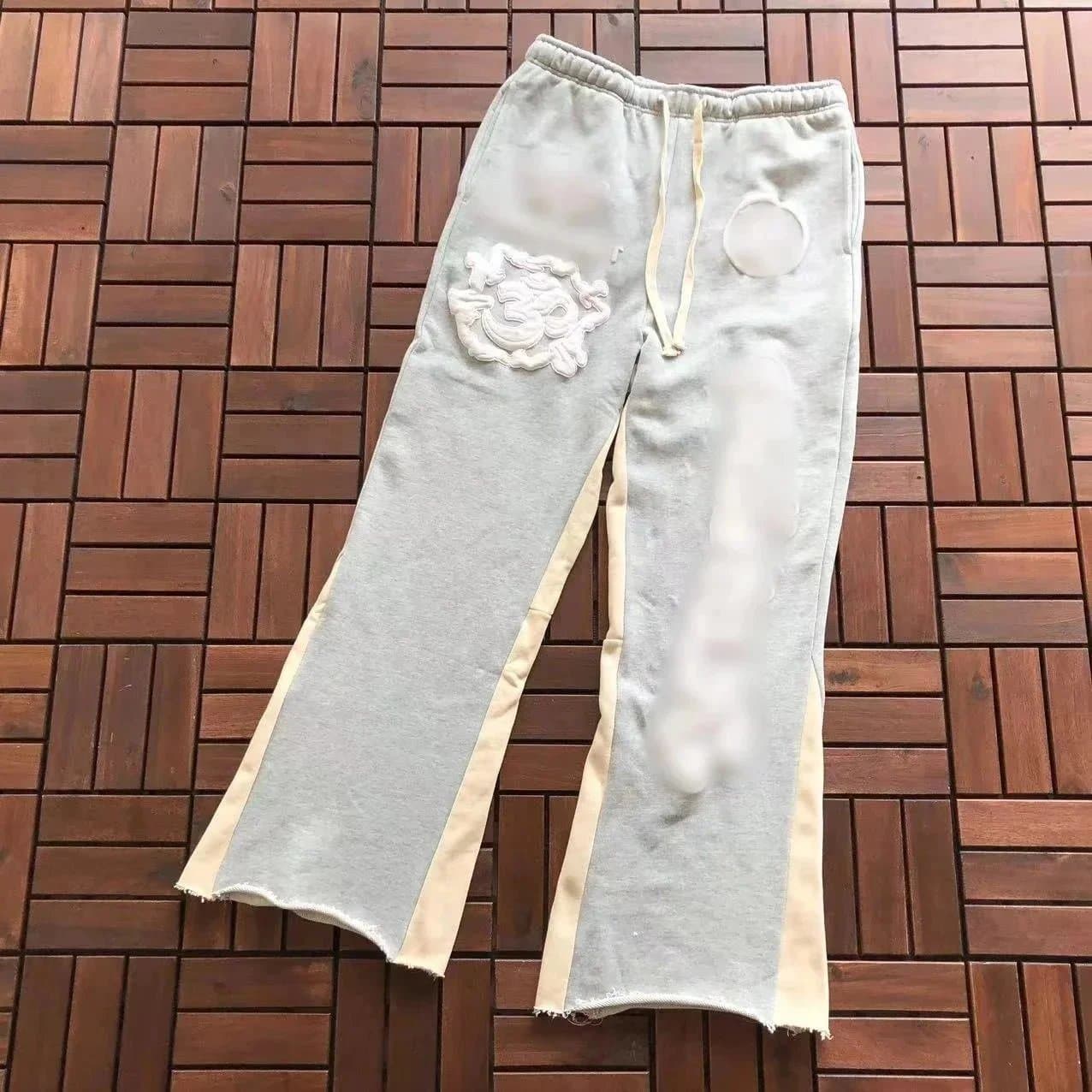 Gray Wide Leg Sweatpants with Embroidered Patch and Side Stripes