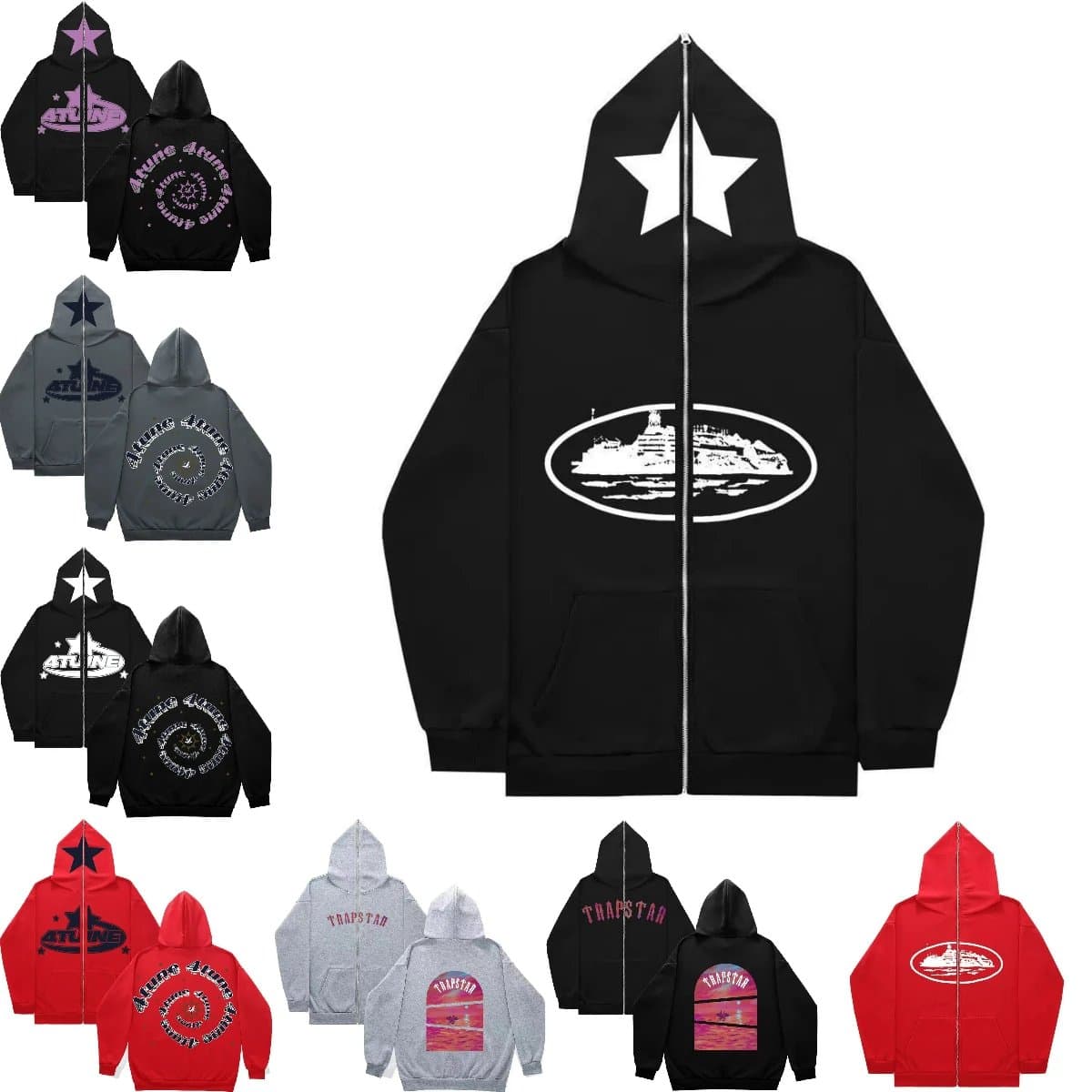 Trapstar Hoodie Zip-Up Sweatshirt with Star Logo and Ship Design