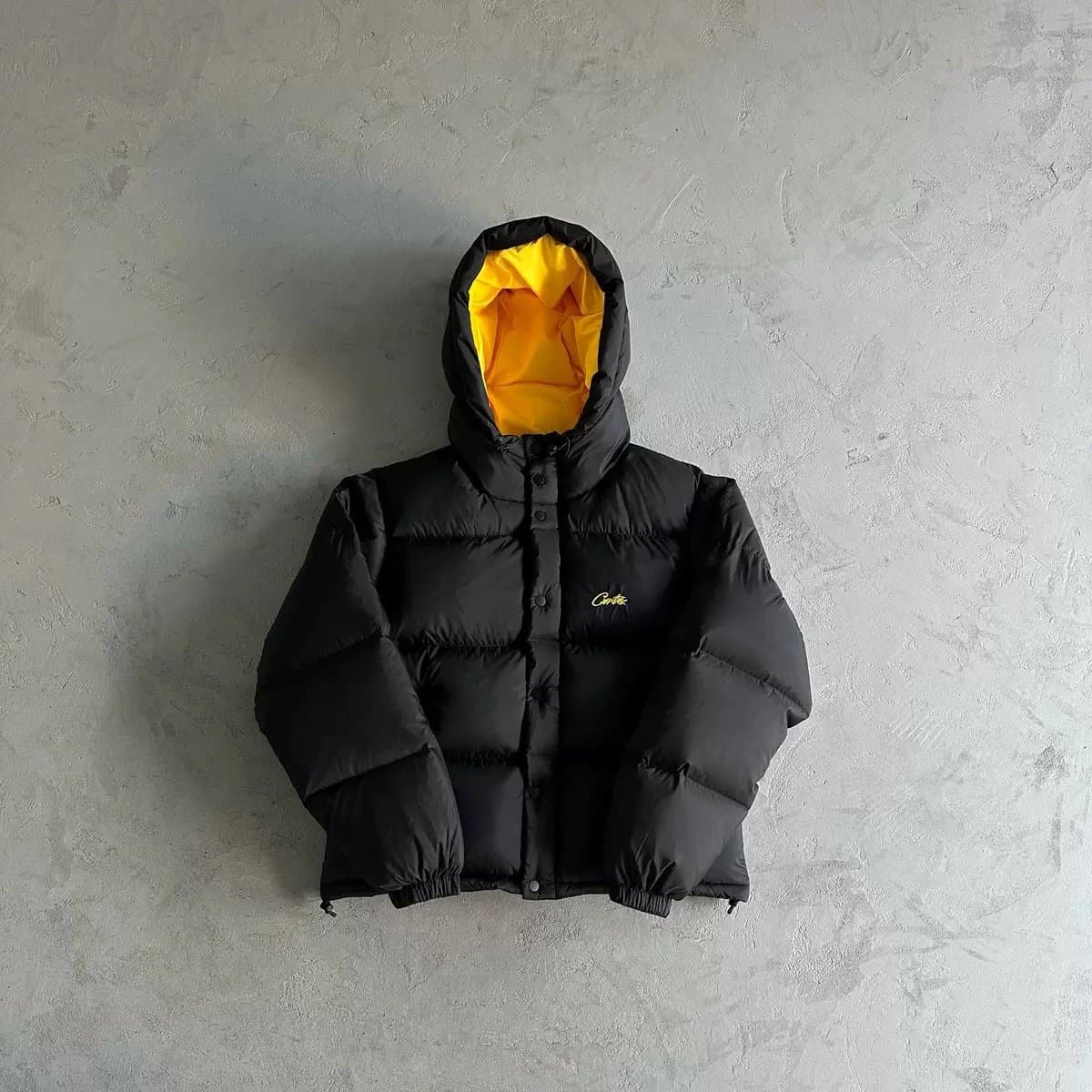 Crotic Black Puffer Jacket with Yellow Lining Hooded Winter Coat