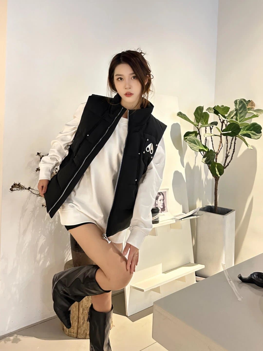 Black Quilted Sleeveless Vest with Zipper and Logo Patch