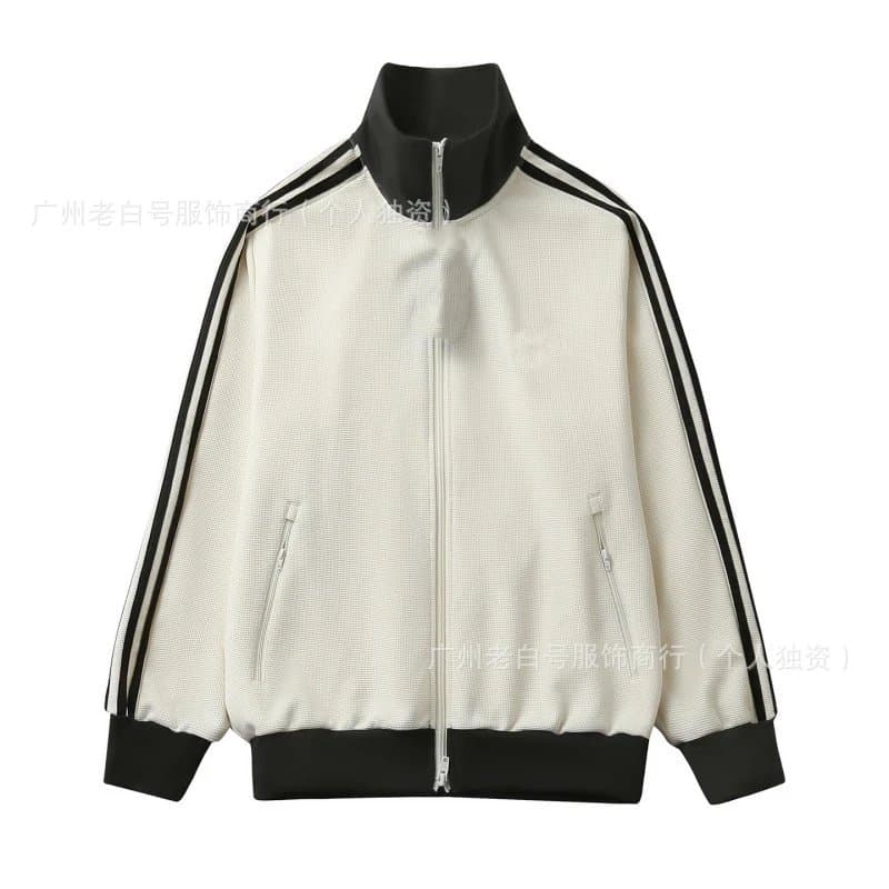 Classic White Track Jacket with Black Stripes and Zipper