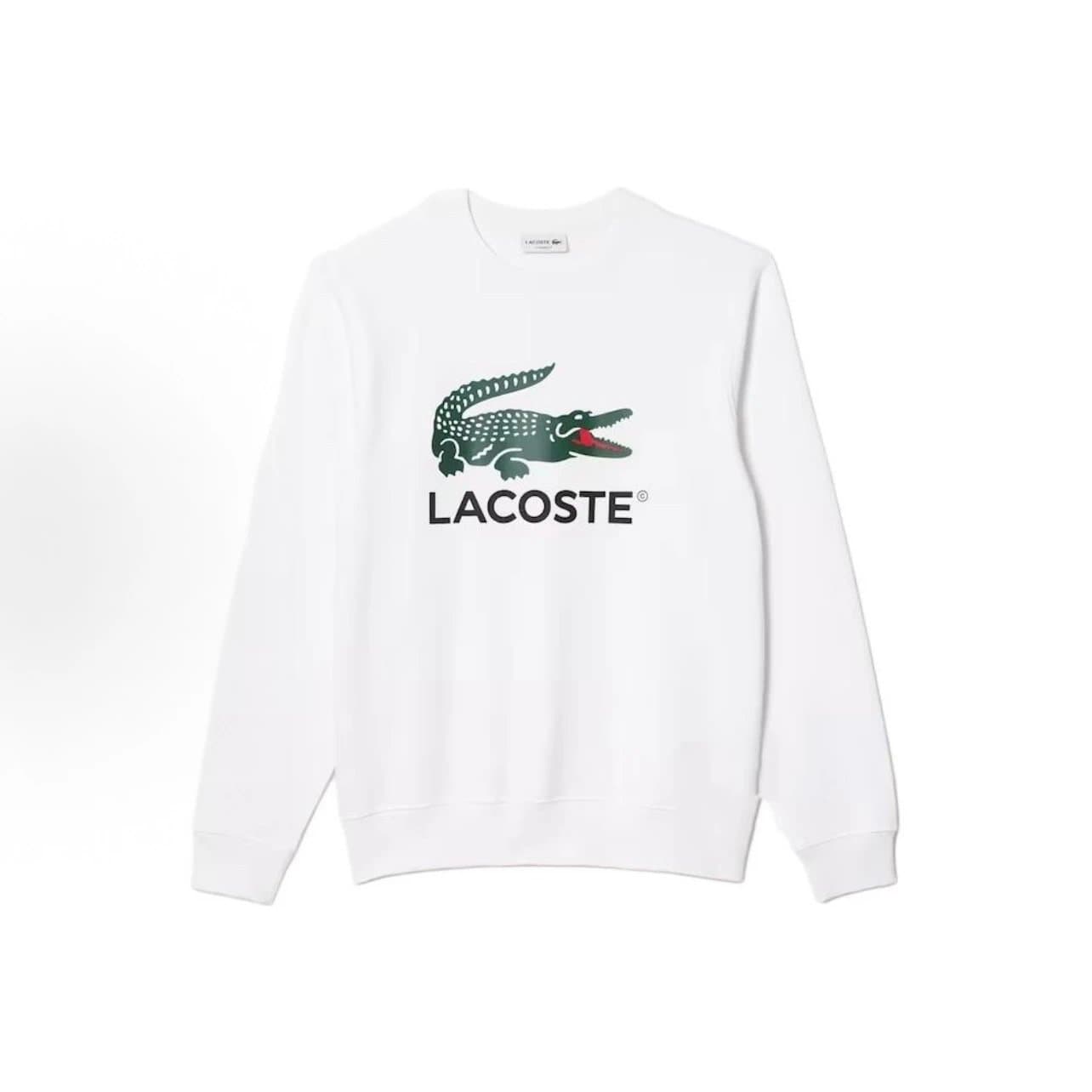 LACOSTE White Crewneck Sweatshirt with Crocodile Logo