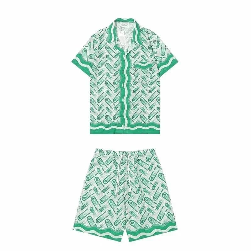 Green Patterned Men's Short Sleeve Shirt and Shorts Set
