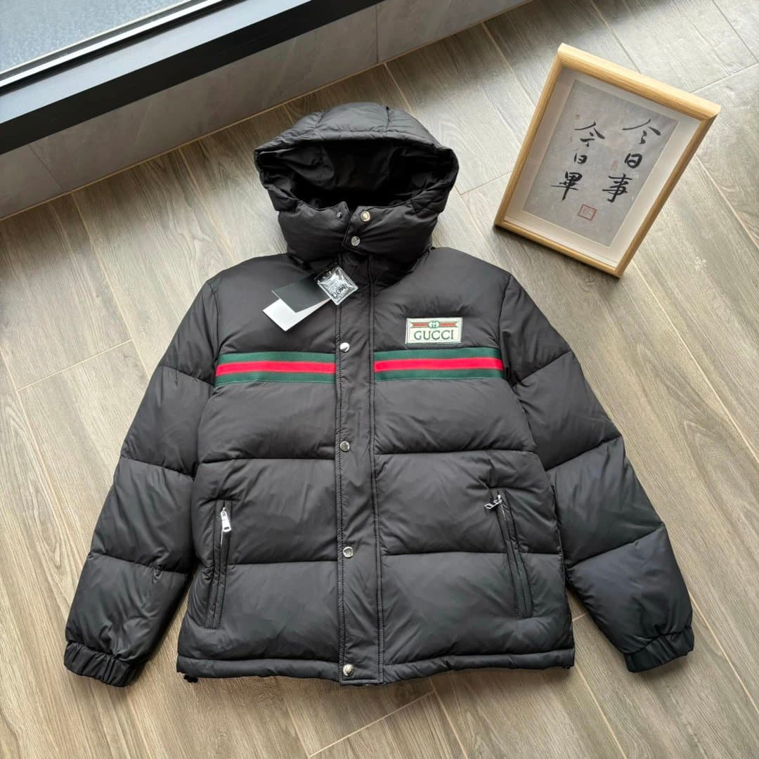 Gucci Black Down Jacket with Web Stripe and Logo Patch