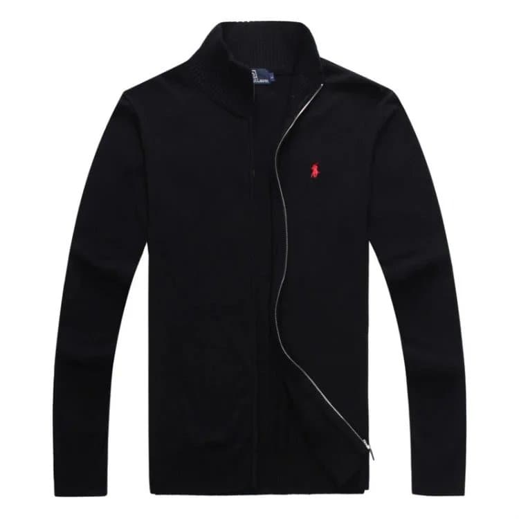 Men's Black Zip-Up Knit Sweater with Red Pony Logo