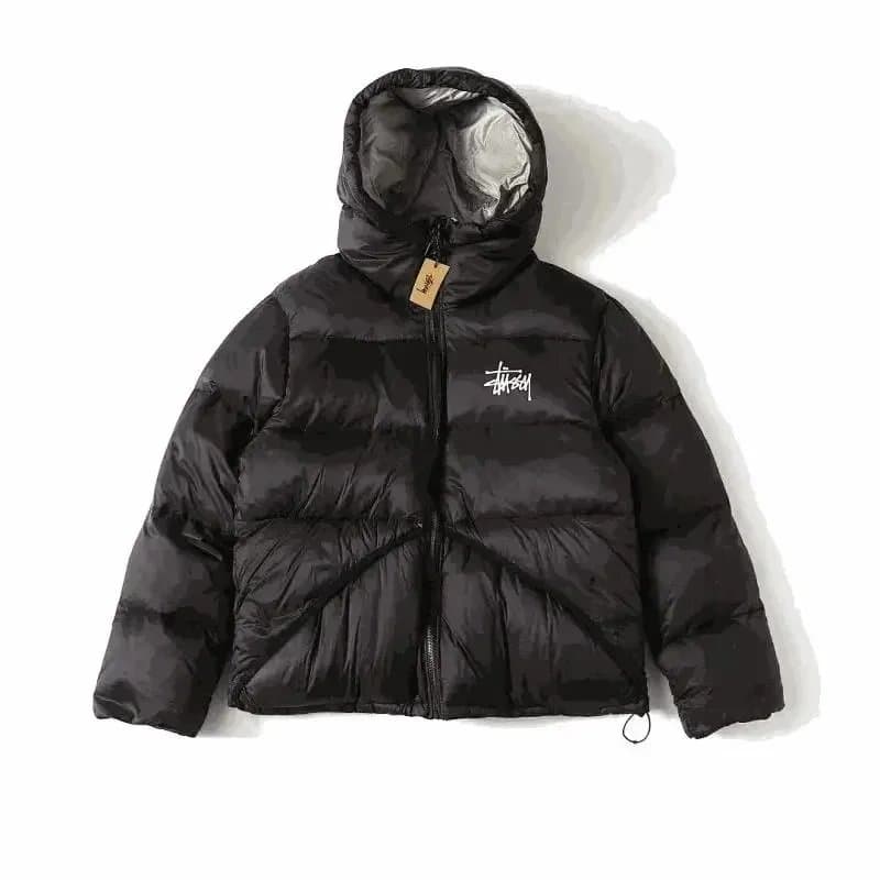 Stussy Black Puffer Jacket with Hood and Logo