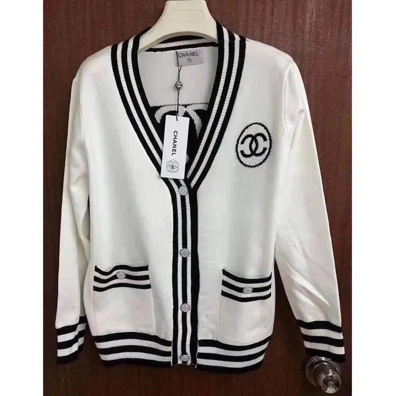 Chanel White Knit Cardigan with CC Logo and Striped Trim