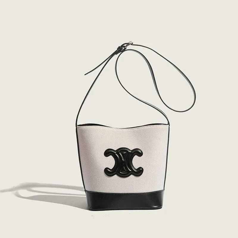 Chanel White and Black Canvas Bucket Bag with CC Logo