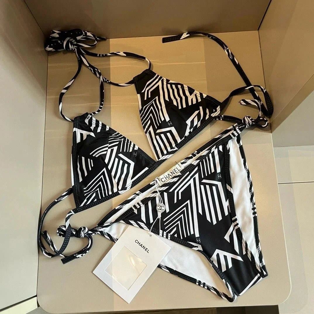 CHANEL Black and White Geometric Print Bikini Set