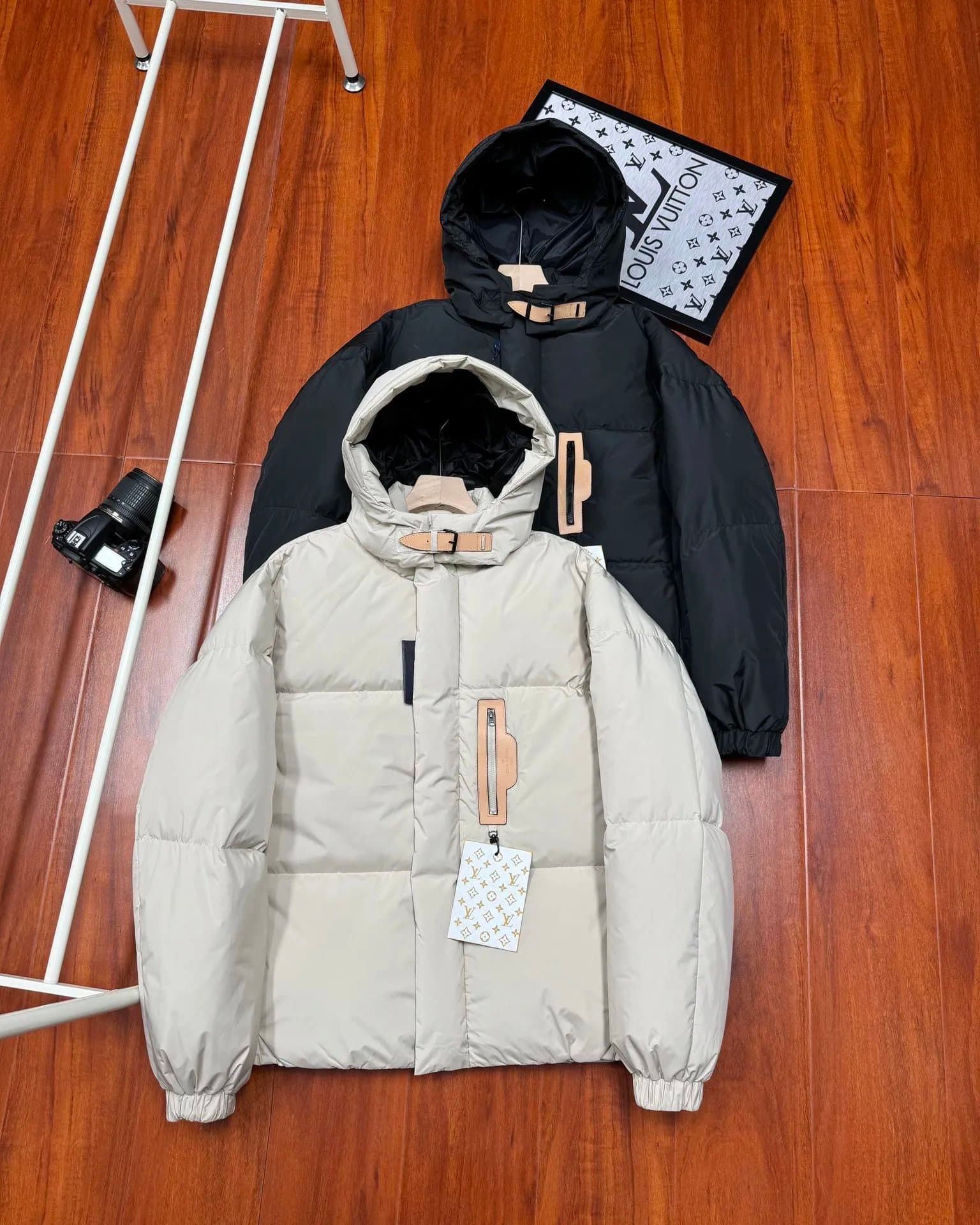 Louis Vuitton Beige Puffer Jacket with Hood and Monogram Tag