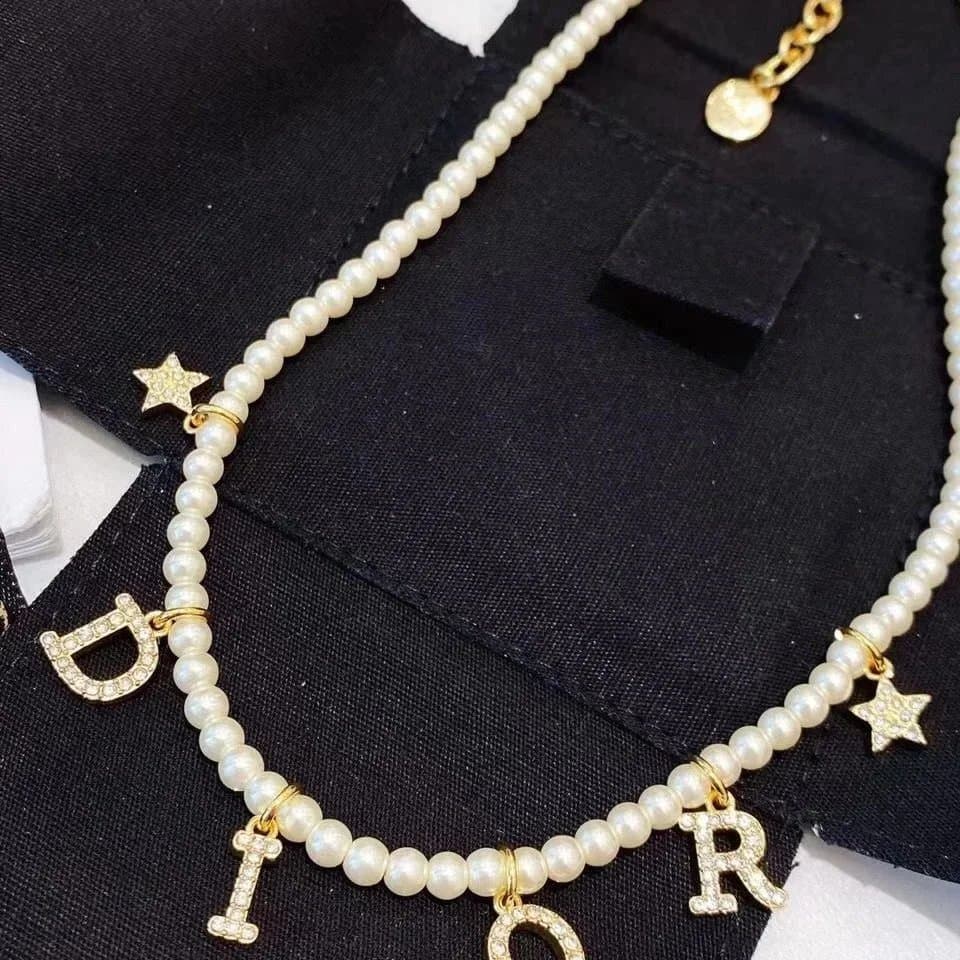 Dior Pearl Necklace with Crystal Letters and Stars