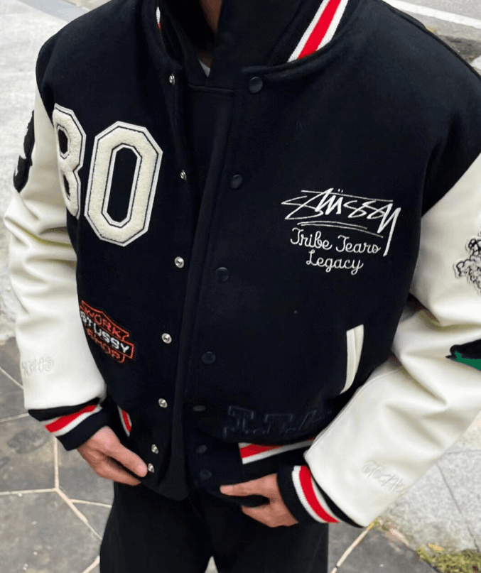 ZUSSY Tribe Tears Legacy Varsity Jacket Black White