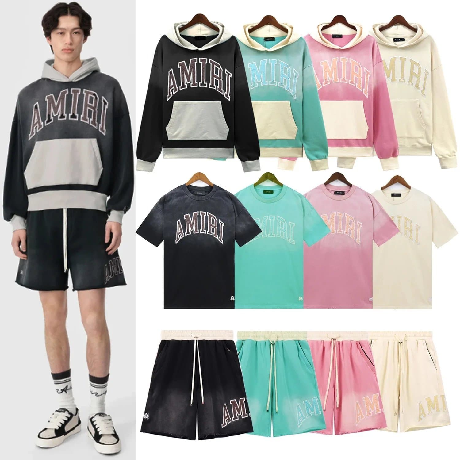 AMIRI Color Block Hoodie T-Shirt Shorts Set for Men