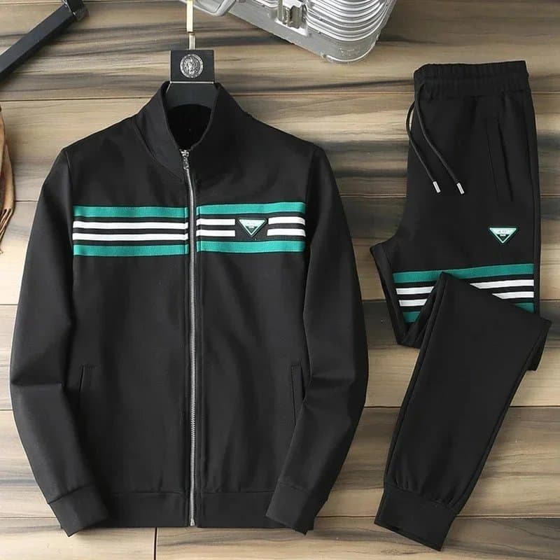 Men's Black Sport Suit with Green and White Stripes