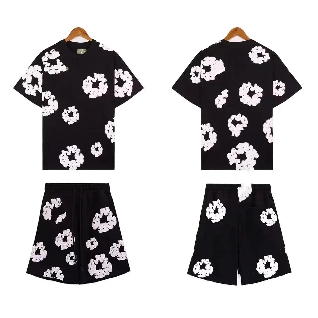 Black and White Floral Print T-Shirt and Shorts Set