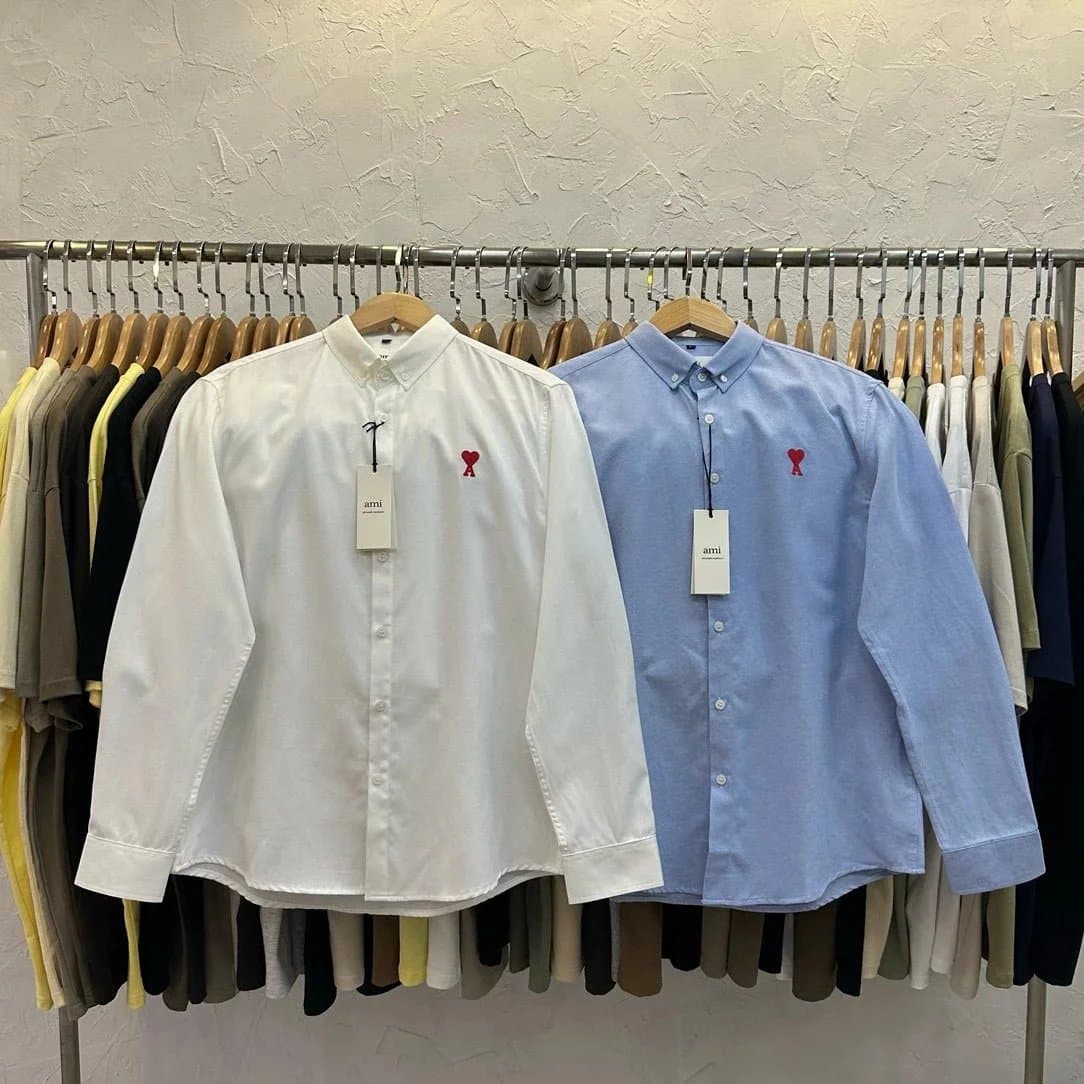 AMI Paris Long Sleeve Button-Up Shirt Men's Classic Fit White Blue