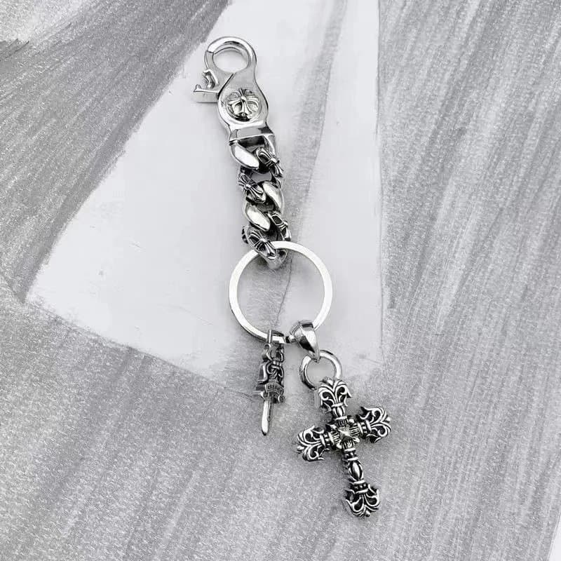 Stainless Steel Cross Keychain with Sword Charm