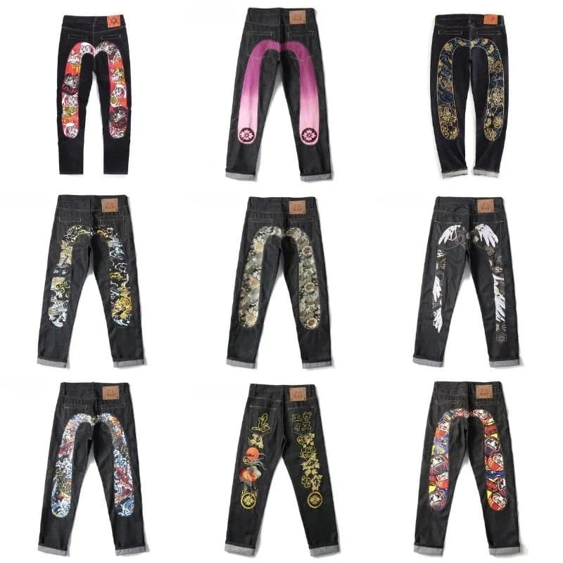 Embroidered Denim Pants with Unique Back Patch Designs