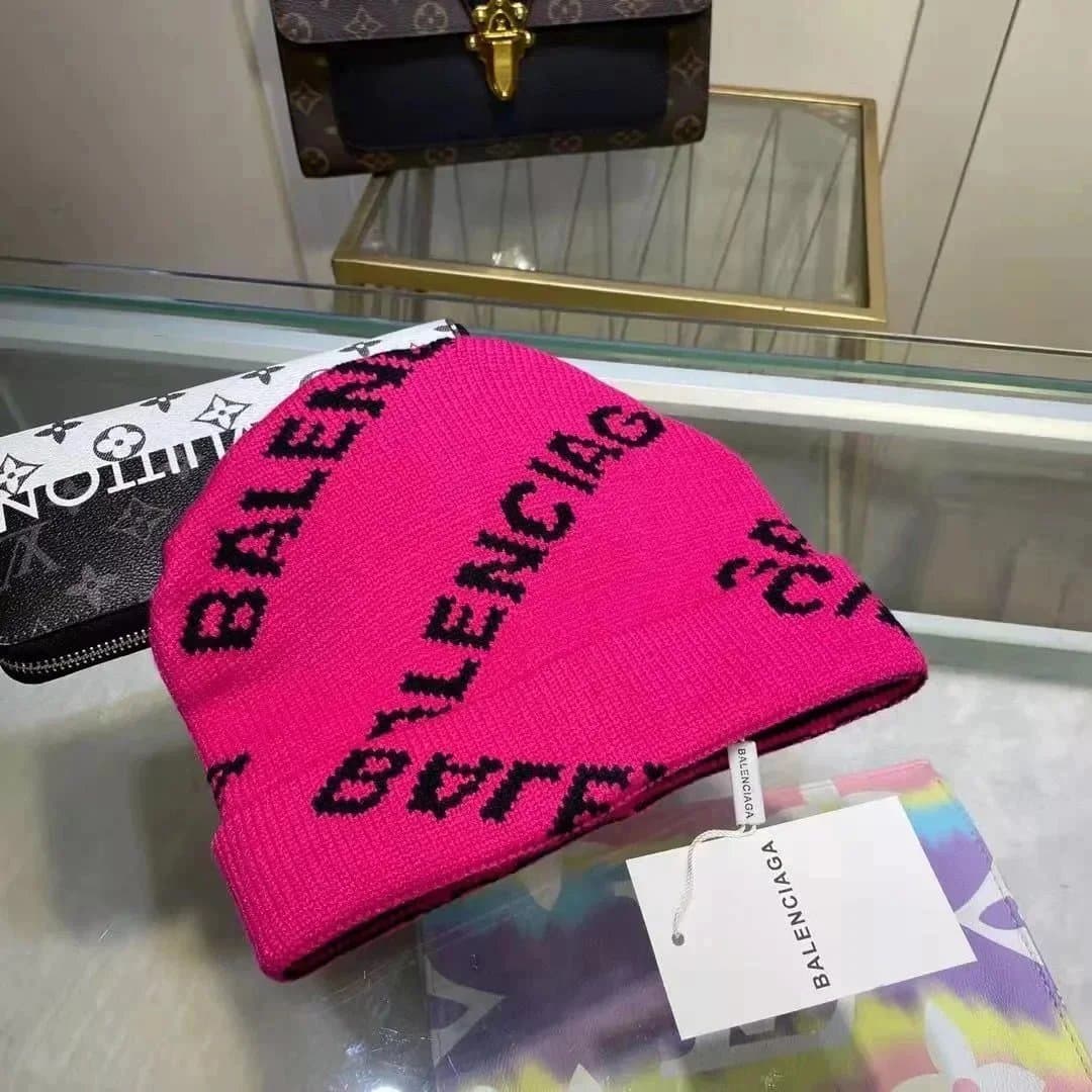 Balenciaga Pink Logo Knit Beanie Hat for Women and Men