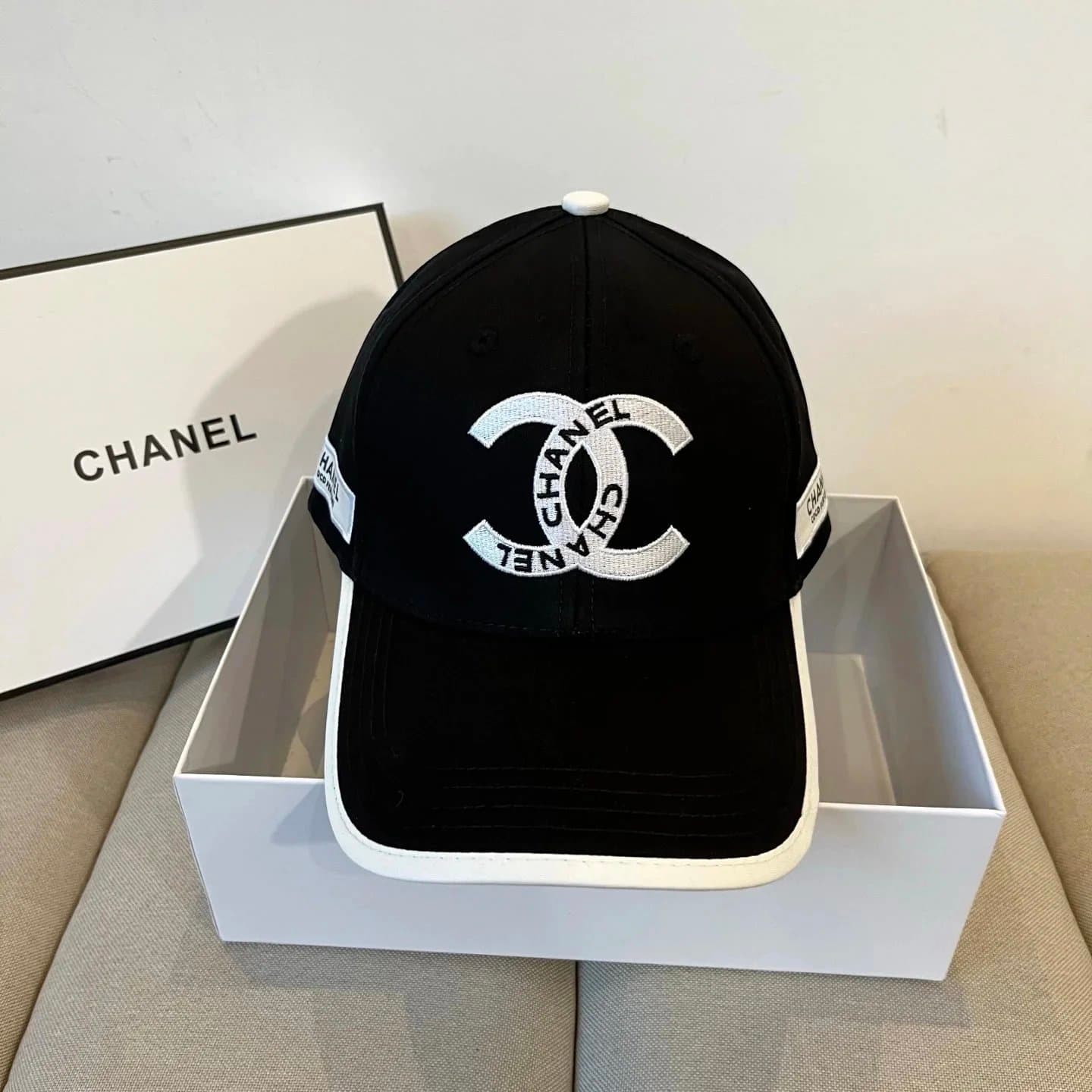 CHANEL Black Baseball Cap with White CC Logo