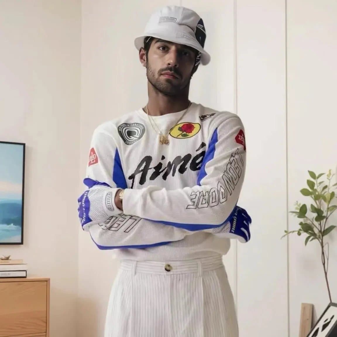 Aimé Leon Dore White Blue Long Sleeve Sweater with Logo Patches