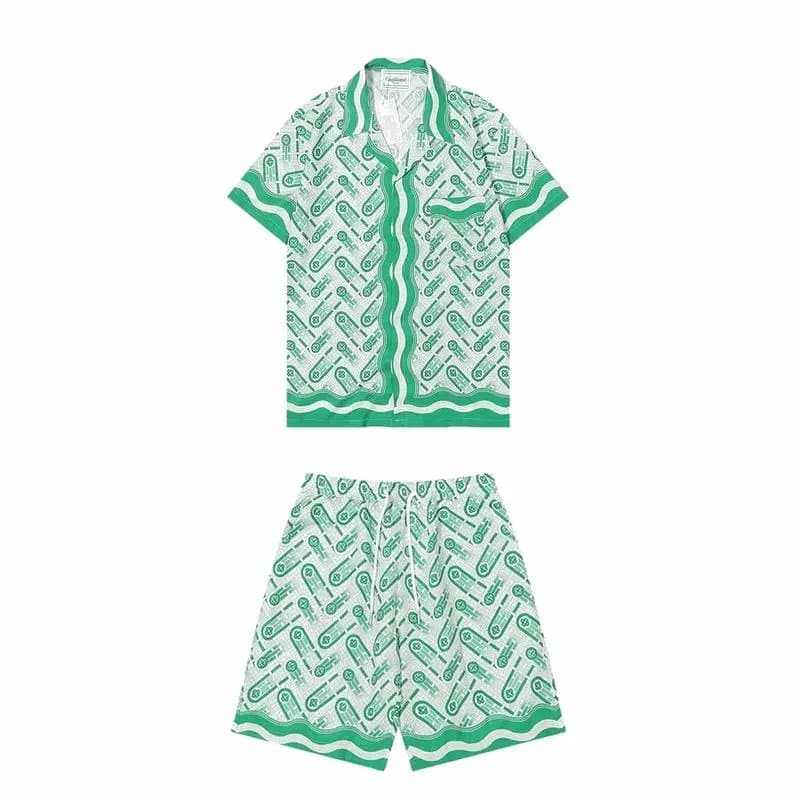 Green Patterned Men's Short Sleeve Shirt and Shorts Set