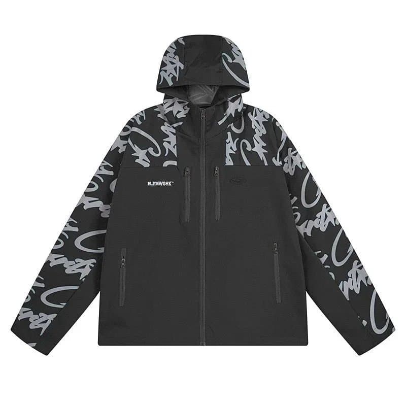 ELITEWORK Black Graffiti Print Hooded Jacket for Men and Women