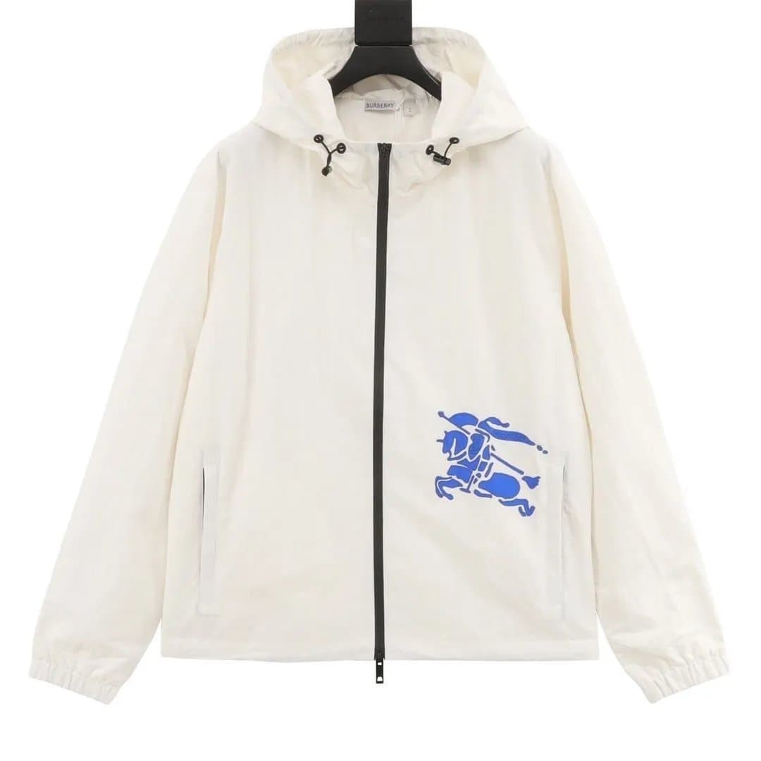 Burberry White Hooded Jacket with Blue Equestrian Knight Logo