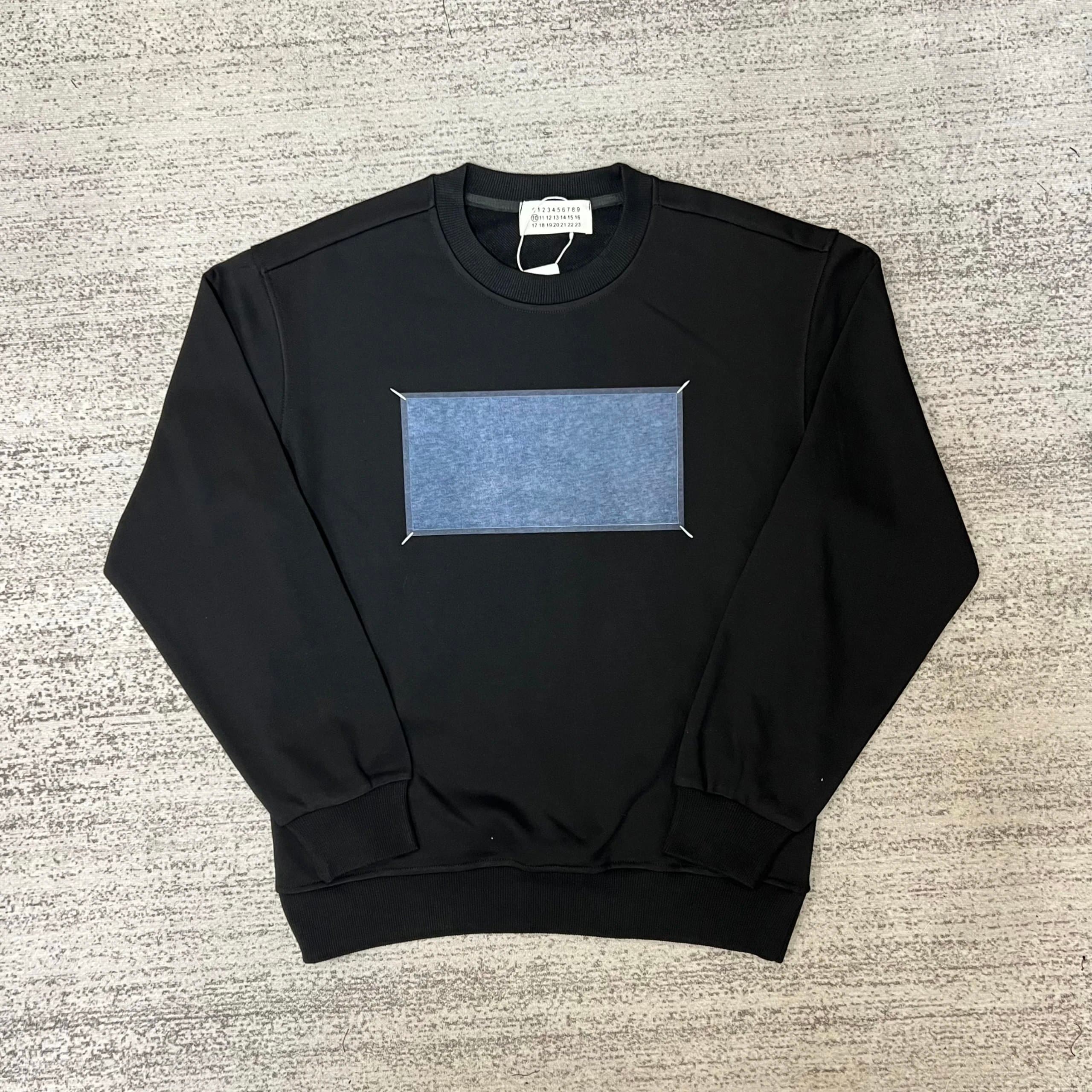 Black Crewneck Sweatshirt with Blue Denim Patch Design