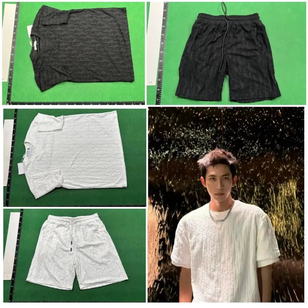 Men's Textured Cotton T-Shirt and Shorts Set - White & Black